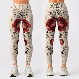 Crimson Peony And Black Vine Art Nouveau Floral For Romantic Evening Wear And Yoga Leggings