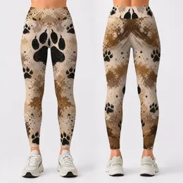 Black Canine Paw Trail On Ivory Camo For Hiking Dog Moms Outdoor Fitness Daily Wear Leggings
