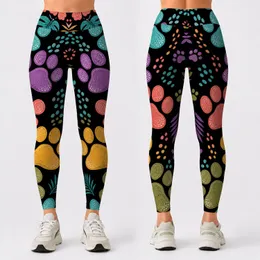 Colorful Paw Marks On Matte Black With Chalk Speckles For Casual Tropical Vacation Style Leggings