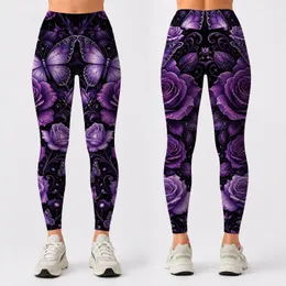 Black Purple Rose Butterfly Gothic Floral Yoga Gym Festival Outfit For Romantic Women Leggings