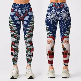 Santa And Snowy Christmas Tree With Blue Snowflakes For Festive Winter Holiday Style Leggings