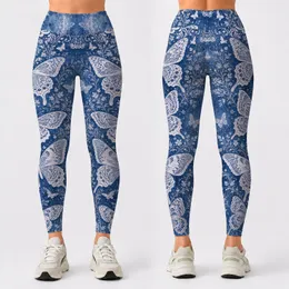 White Butterfly Lace On Indigo Denim Wash Resort Casual Summer Getaway Style For Women Leggings