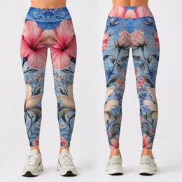 Pink Hibiscus Floral Botanical Faux Denim Y2K Streetwear Spring Summer Casual Women Leggings