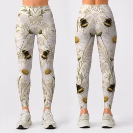 Daisy And Bumblebee Meadow Cottagecore Botanical Style For Spring Yoga And Lounging Leggings