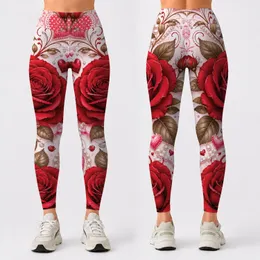 Red Roses Hearts Pearls Romantic Valentine Garden Boutique Luxury Style For Women Leggings