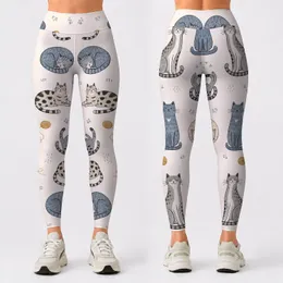 Whimsical Blue Gray Cat Motifs For Yoga, Lounging And Everyday Wear For Cat Lovers Leggings