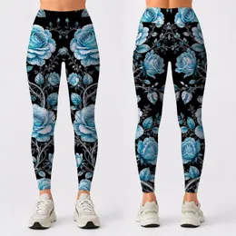 Black Turquoise Botanical Rose Vine Floral Aesthetic For Yoga Lounge Streetwear Style Leggings