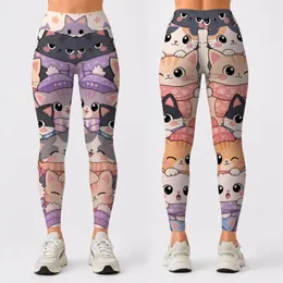 Cozy Kawaii Cat Faces Pastel Off White Cute Lounge Mood For Women Autumn Winter Nights Leggings