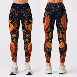 Midnight Phoenix Feather Plume With Botanical Scrolls For Yoga Studio Festival Style Leggings