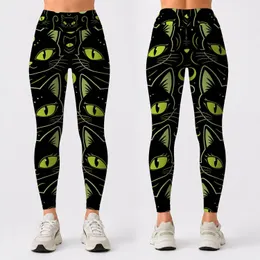 Neon Lime Cat Eyes And Black Cat Faces For Spooky Cute Yoga Gym Streetwear Women Leggings