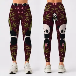 Sleepy Panda And Bamboo On Burgundy Cozy Night Loungewear Style For Women And Pajama Fans Leggings