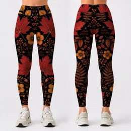 Vintage Autumn Botanical Maple Leaves And Wildflowers For Cozy Fall Outfits Women Leggings