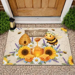 Rustic Welcome Sign Bumblebee Honeycomb Sunflowers - Farmhouse Decor Gift for Bee Lover Doormat