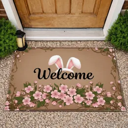 Welcome Bunny Ears Pink Blossoms Wood Grain - Home Decor Gift Doormat