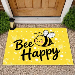 Bee Happy Text Cheerful Plaid Wing Bee Yellow Polka Dot Home Decor Gift Doormat