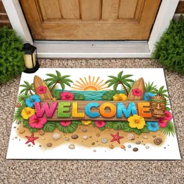 Welcome Tropical Hibiscus Palm Tree Tiki Mask - Home Decor Gift for Beach Lover Doormat