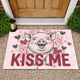 Charming Plump Baby Pig Rosy Cheeks Kiss Me Hearts Swirls - Valentine's Day Gift for Pig Lover Doormat
