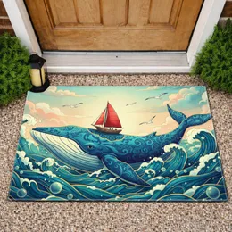Blue Whale Sailboat Swirling Waves Soaring Seagulls Home Decor Gift Doormat