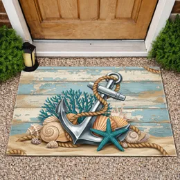 Silver Anchor Seashell Coral Starfish Rustic Nautical Home Decor Gift for Ocean Lover Doormat