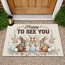 Bunnies Bows Easter Eggs Daisy Flowers Foliage Happy To See You - Spring Welcome Home Decor Doormat