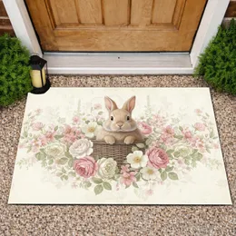 Fluffy Light Brown Bunny Rustic Basket Pastel Roses Cream Blossoms Foliage - Spring Home Decor Doormat