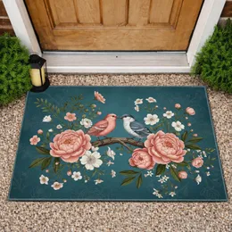 Coral Pink Blue Birds Peonies Wildflowers Botanical - Wildlife Lover Gift Doormat