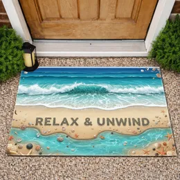 RELAX UNWIND Ocean Waves Beach Sand Seashell Starfish - Coastal Home Decor Gift Doormat