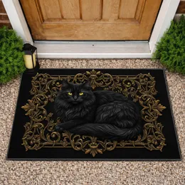 Black Cat Gold Victorian Floral Scrollwork - Home Decor Gift for Cat Lovers Doormat