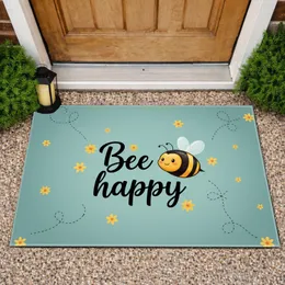 Bee Happy Text Cartoon Bee Daisy Flowers - Nature Lover Gift Doormat
