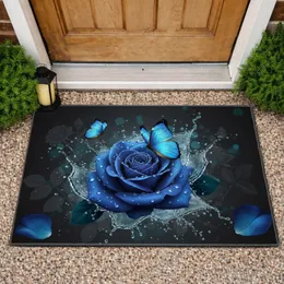 Vibrant Blue Rose Water Droplets Butterflies - Home Decor Gift for Nature Lover Doormat