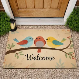 Three Plump Blue Red Yellow Birds Welcome - Rustic Home Decor Gift for Entryway Doormat