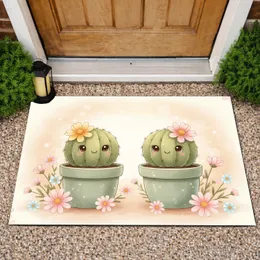 Smiling Potted Cacti Pink Yellow Flowers - Home Decor Gift for Cactus Lover Doormat