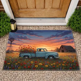 Vintage Pickup Truck Wildflowers Windmill Barn Scene - Farmhouse Home Decor Doormat