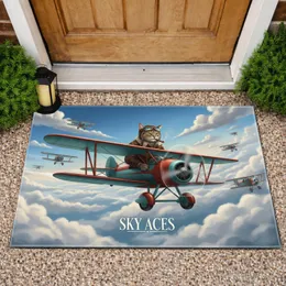 Majestic Tabby Cat Aviator Biplane Squadron - Vintage Pilot Home Decor Gift Doormat