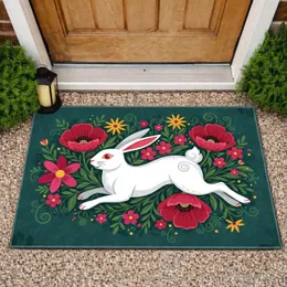 White Rabbit Red Eyes Floral Foliage - Boho Home Decor Gift for Rabbit Lover Doormat