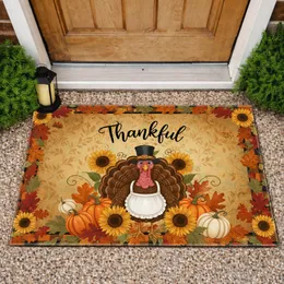 Thanksgiving Turkey Thankful Sunflowers Pumpkins - Thanksgiving Holiday Farmhouse Decor Doormat