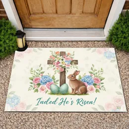Rustic Cross Spring Flowers Easter Rabbit - Easter Home Decor for Christian Home Doormat