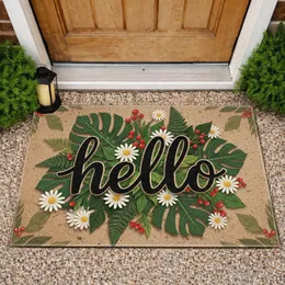 Hello Text Monstera Fern Leaves Daisy Flowers Red Berries - Farmhouse Home Decor Gift Doormat