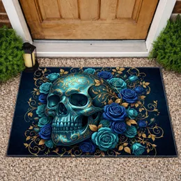 Teal-Blue Skull Ornate Gold Filigree Sapphire Rose - Dark Fantasy Home Decor Gift Doormat
