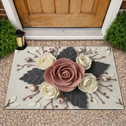 Cream Dusty Rose Pink Off-White Felted Floral Leaves Branches - Home Decor Gift Doormat