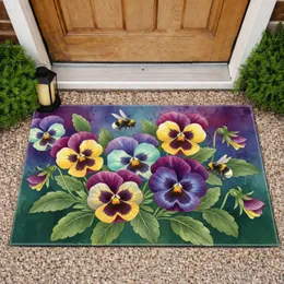 Dense Pansy Flowers Bumblebees Botanical Field - Everyday Home Decor for Garden Lover Doormat