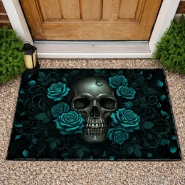 Weathered Human Skull Turquoise Roses - Gothic Home Decor Gift for Skull Lover Doormat