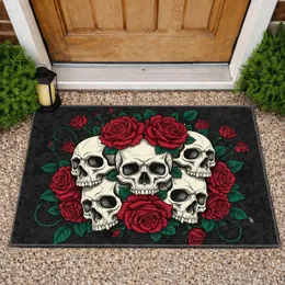 Bone Skulls Crimson Red Roses Dark Green Teal Foliage - Entryway Home Decor Gift Doormat