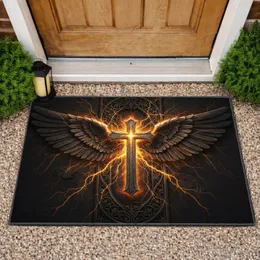 Gothic Stone Cross Feathered Angel Wings Golden Lightning Scrollwork Home Decor Gift Doormat