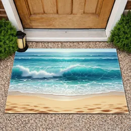 Deep Blue Ocean Waves Golden Sand Beach Coastal Home Decor Gift for Beach Lovers Doormat