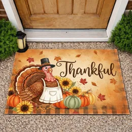 Pilgrim Turkey Thankful Script Harvest Pumpkins Sunflowers - Thanksgiving Holiday Doormat