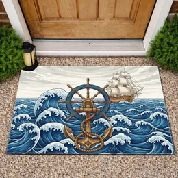 Vintage Ship's Wheel Golden Anchor Classic Three-Masted Sailing Ship - Nautical Home Decor Gift Doormat