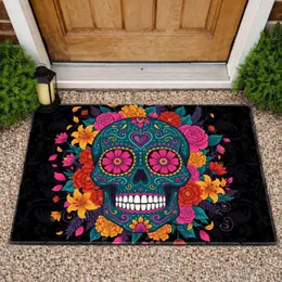Sugar Skull Calavera Pink Floral Yellow Orange Foliage Día de Muertos Home Decor Gift Doormat