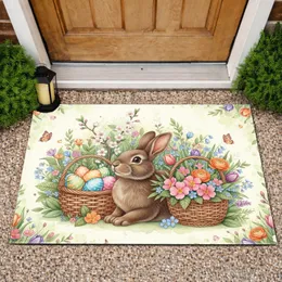 Easter Bunny Wicker Baskets Colorful Eggs Spring Flowers - Easter Home Decor Gift Doormat