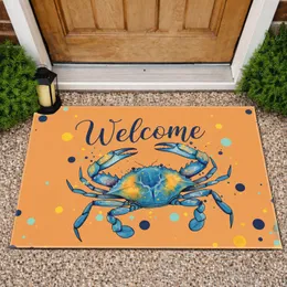Welcome Script Blue Crab Confetti Dots Coastal Home Entrance Decor Housewarming Gift Doormat